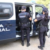 Dos policías nacionales se disponen a subir a un furgón.