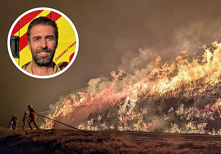 Bomberos valencianos, en el frente de Yeres. En pequeño, Jordi Cabrera.