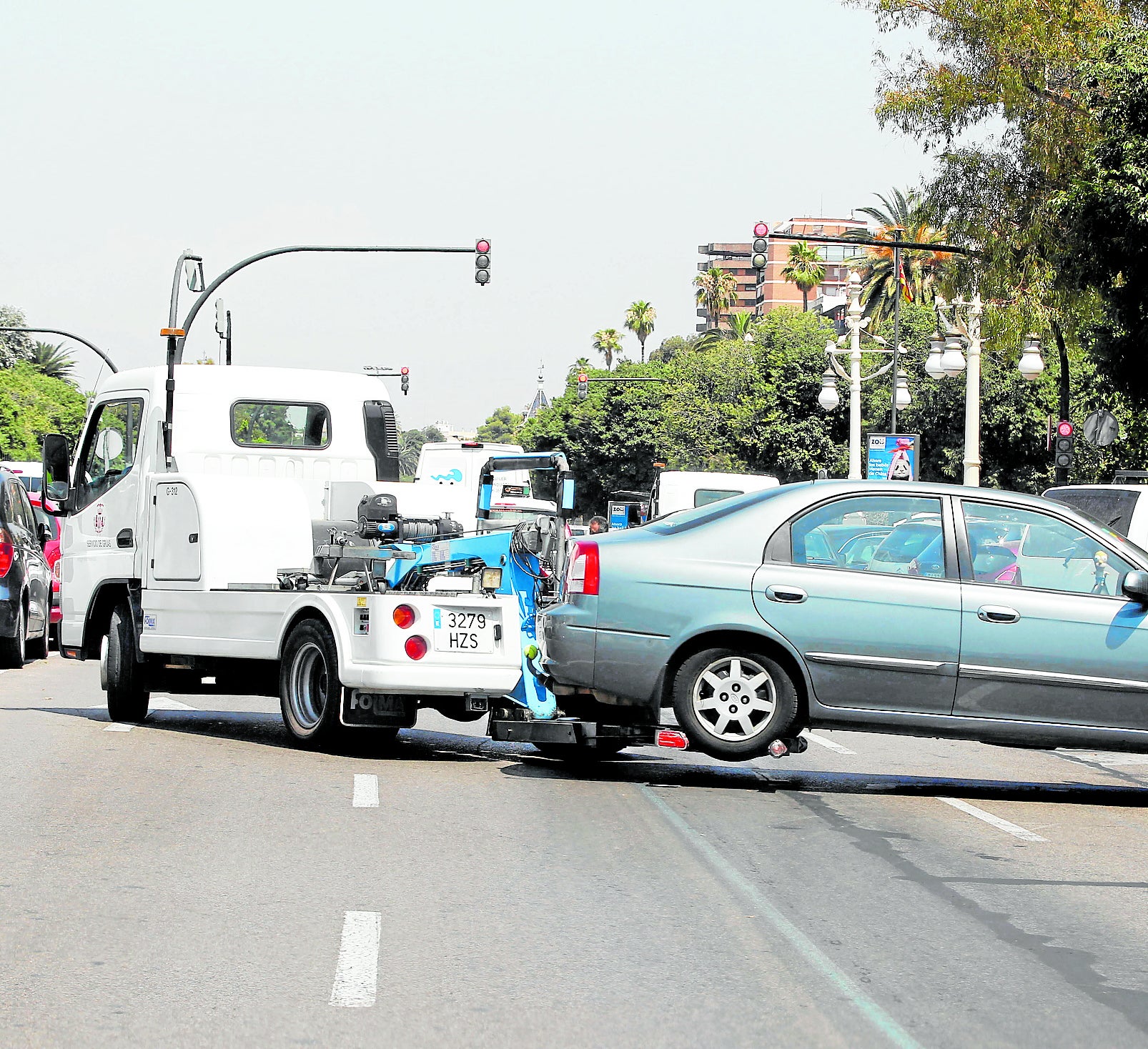Una grúa retira un coche en el paseo de la Alameda.