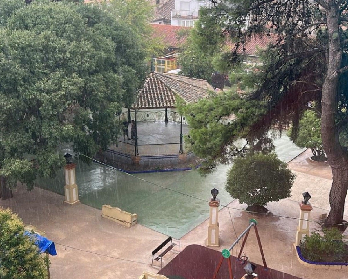 El parque de La Glorieta de Requena durante la lluvia, donde esta tarde se inaugura Ferevin.