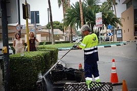 Un operario limpia un imbornal en Torrent.