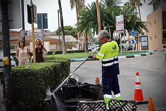 Un operario limpia un imbornal en Torrent.