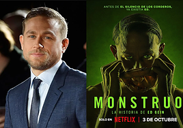 El actor Charlie Hunnam junto a la portada de 'Monstruo'.