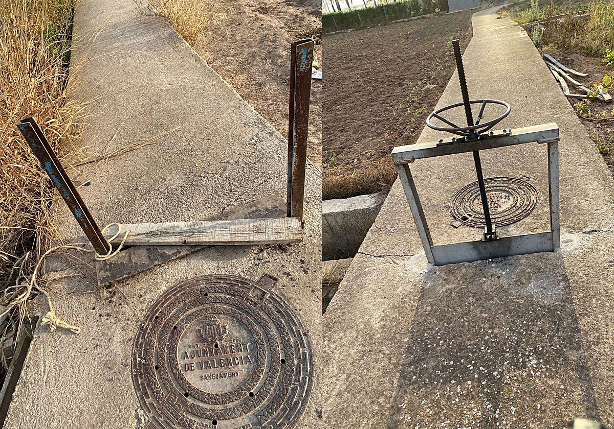 Montaje con la compuerta de riego de Benifaraig y el mismo espacio sin la compuerta.