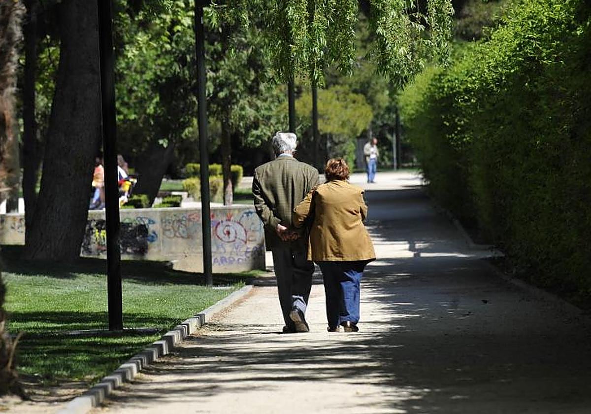 Una pareja de pensionistas pasea por un parque, en una imagen de archivo.