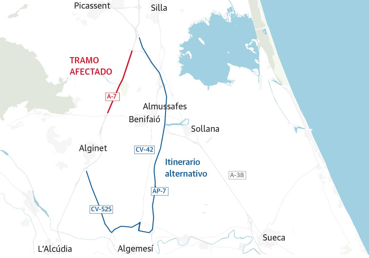 El caos que se avecina: un mes con cortes de tráfico en la A-7 por la dana desde el 19 de septiembre