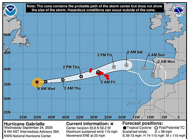 Imagen cedida por la Oficina Nacional de Administración Oceánica y Atmosférica de Estados Unidos (NOAA), a través del Centro Nacional de Huracanes (NHC), donde se muestra el pronóstico de cinco días de la trayectoria del huracán Gabrielle en el Atlántico.