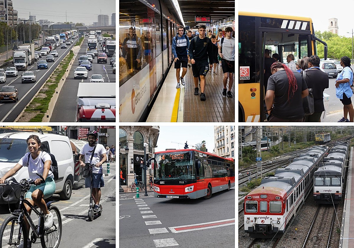 Varios de los modos de transporte presentes en el área metropolitana de Valencia.