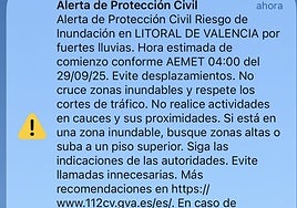 Mensaje del Es-Alert enviada a la población este domingo.