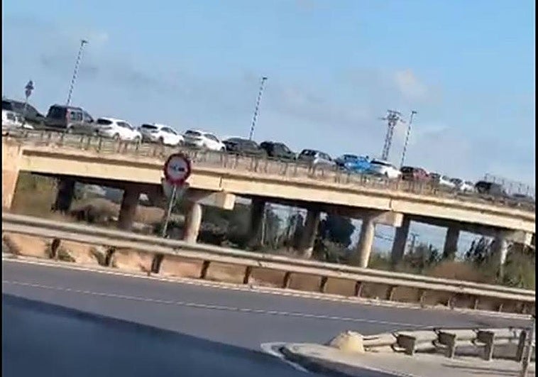 Coches aparcados sobre un puente este domingo.