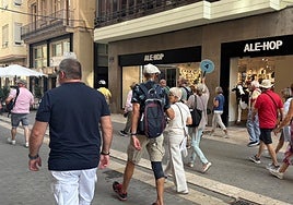 Un grupo de turistas sigue a un guía por la calle Navellos, este jueves.