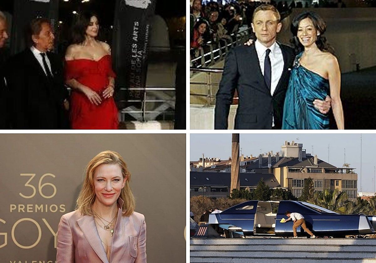 Arriba, Valentino y Monica Bellucci, Daniel Craig y su esposa. Abajo, Cate Blanchett y el coche de 'Andor', ubicado en la explanada del Palau de les Arts.