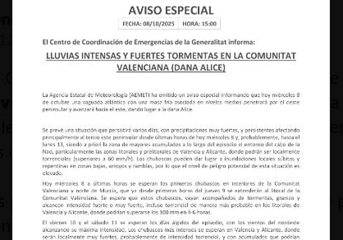 Aumenta la intensidad prevista de las lluvias: ahora pueden caer 100 l/m2 en apenas 4 ó 6 horas en el litoral de Valencia y Alicante