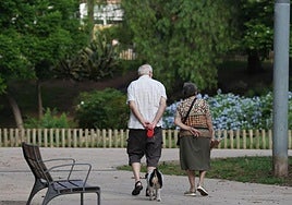 Dos personas pasean con su perro.