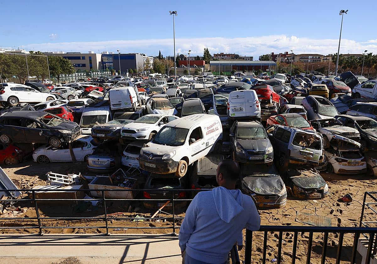 Un hombre observa una campa con coches arrasados por la dana en Benetússer.