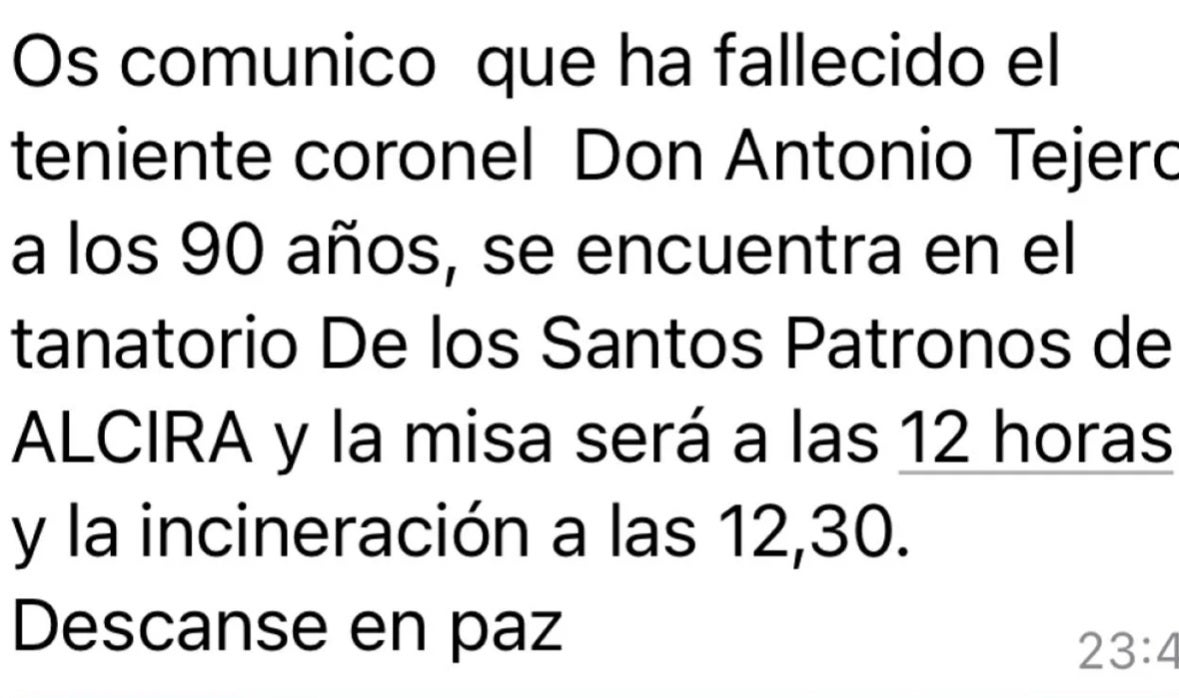 Mensaje falso que circuló en 2022 y que ya difundió la falsa muerte de Antonio Tejero.