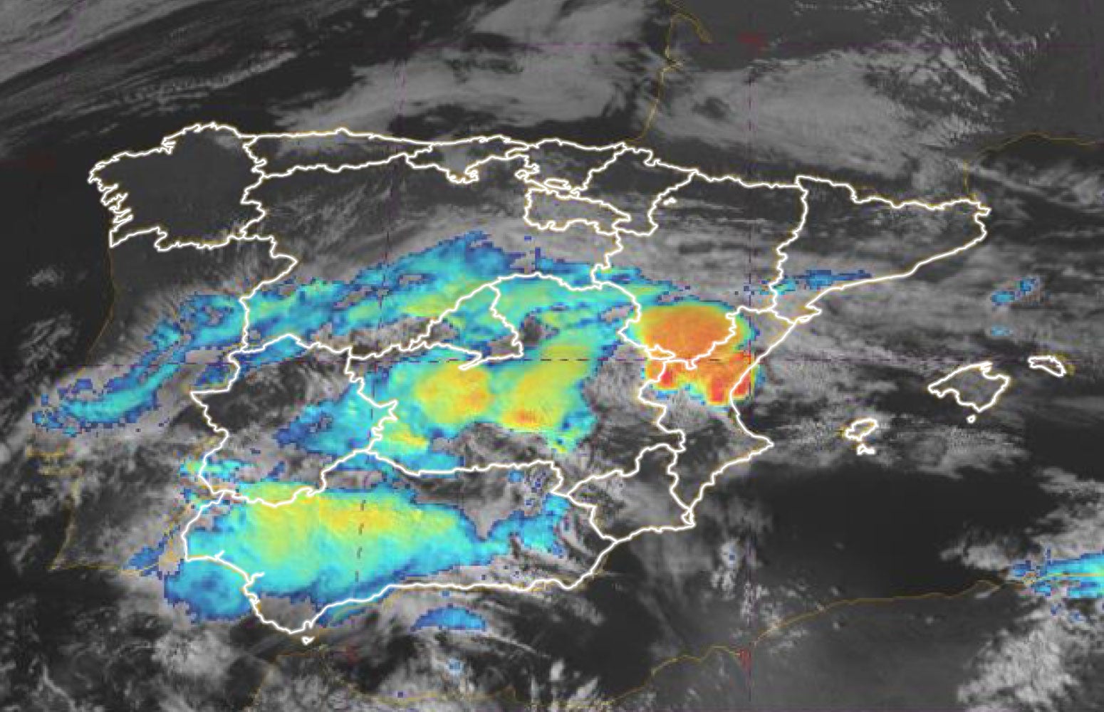 Imagen de las 15.00 horas del satélite MSG-11 en la que destacan las principales estructuras convectivas.