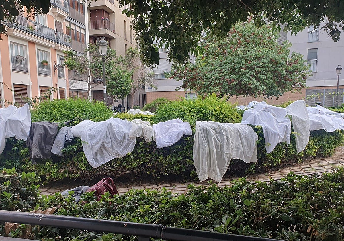 Imagen principal - Ropa tendida en un parque. Policía Nacional desokupando un bajo en Velluters. Una ambulancia acude a atender un incidente en el barrio. 