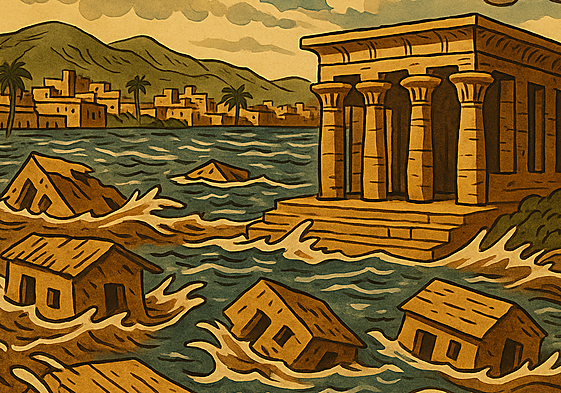 Alejandría con casas arrasadas, carros flotando y muerte es el resumen del relato de Posteguillo en el capítulo 121.