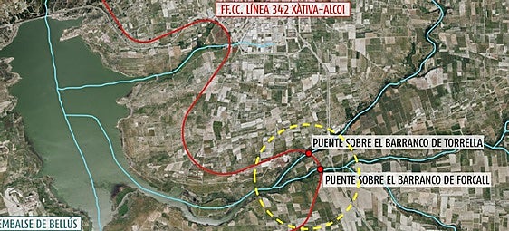 Puntos del trazado de la línea Xàtiva-Alcoi donde se proyectan los viaductos.