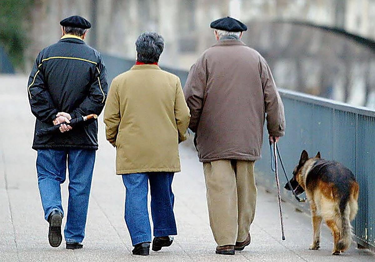 Tres jubilados pasean con su perro.
