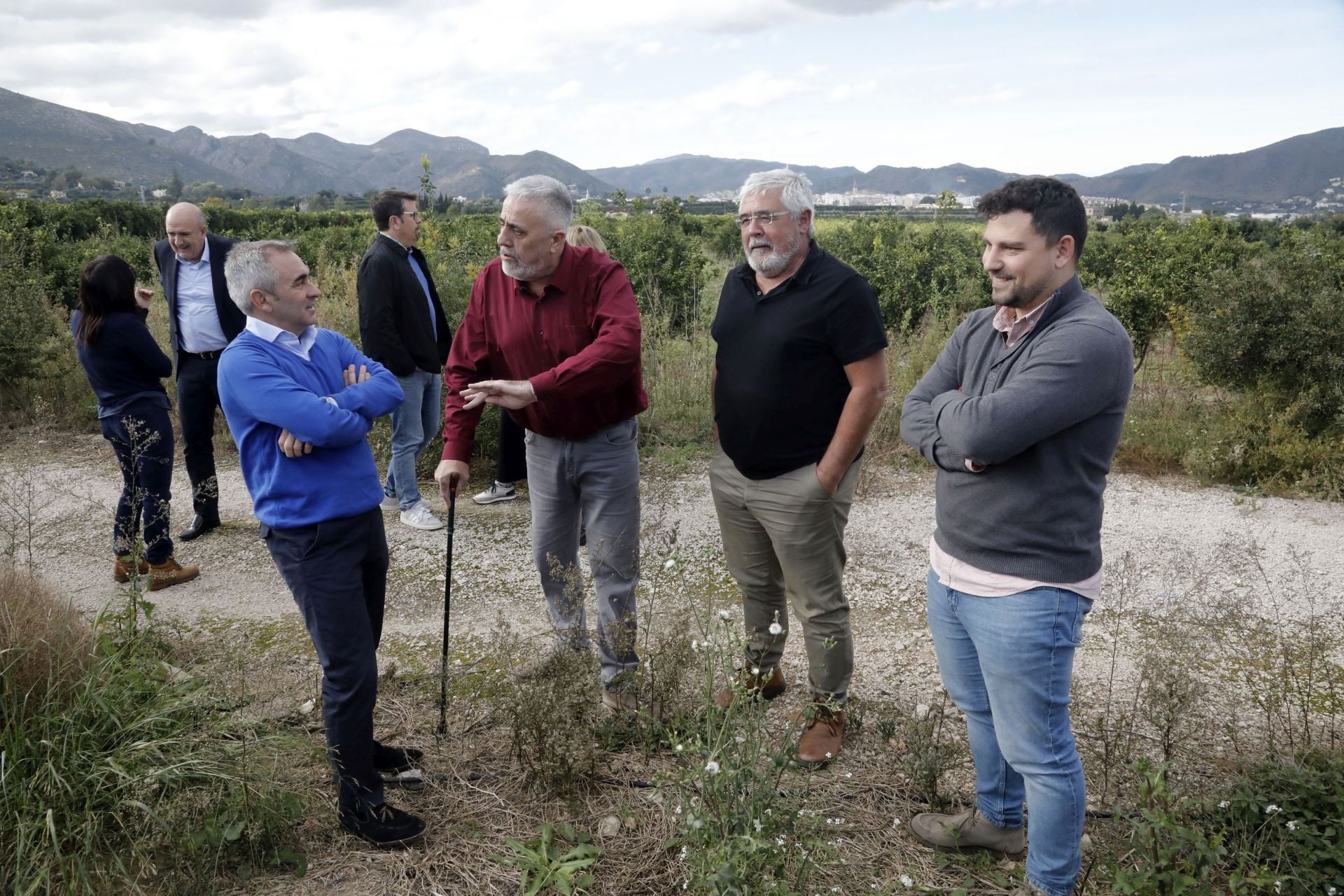 El conseller Barrachina con el alcalde y el presidente de Coopego en un campo del municipio.