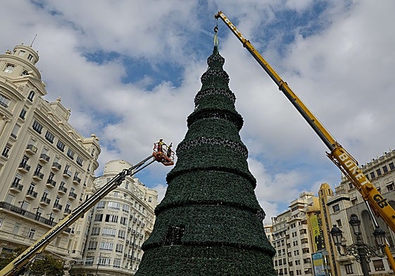 Montaje del árbol de Navidad de la plaza del Ayuntamiento de Valencia.