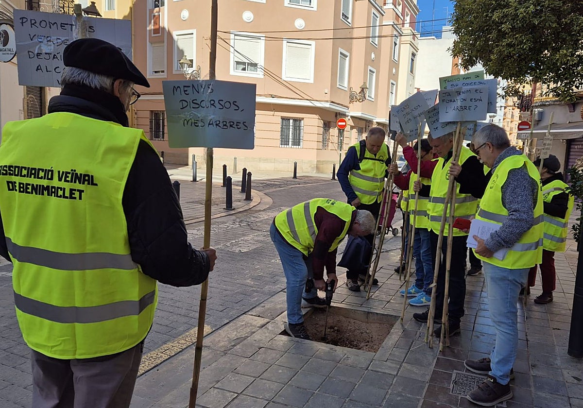 Acción vecinal par aponer carteles en las calles de Benimaclet con alcorques vacíos.
