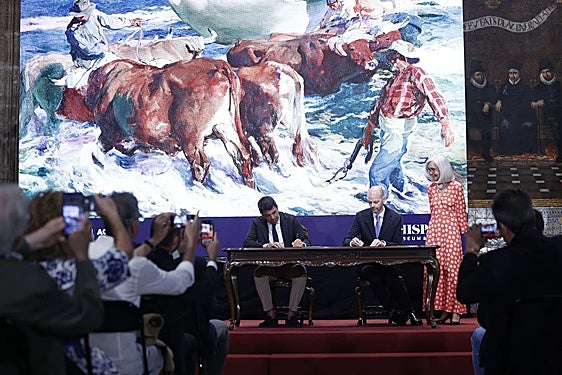 Firma del convenio entre la Generalitat y la Hispanic Society en el antiguo edificio de Correos.