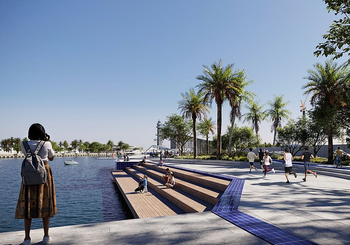 Imagen principal - Recreación de las zonas de descanso y sombra y vista de Marina Valencia Port.