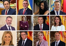 El presidente Pérez Llorca y los nuevos consellers. De izquierda a derecha, y de arriba a abajo: Pérez Llorca, Barrachina, Albalat, Martínez Mus; Díez, Camarero, Gómez, Martínez; Ortí, Rovira, Cano y Valderrama.