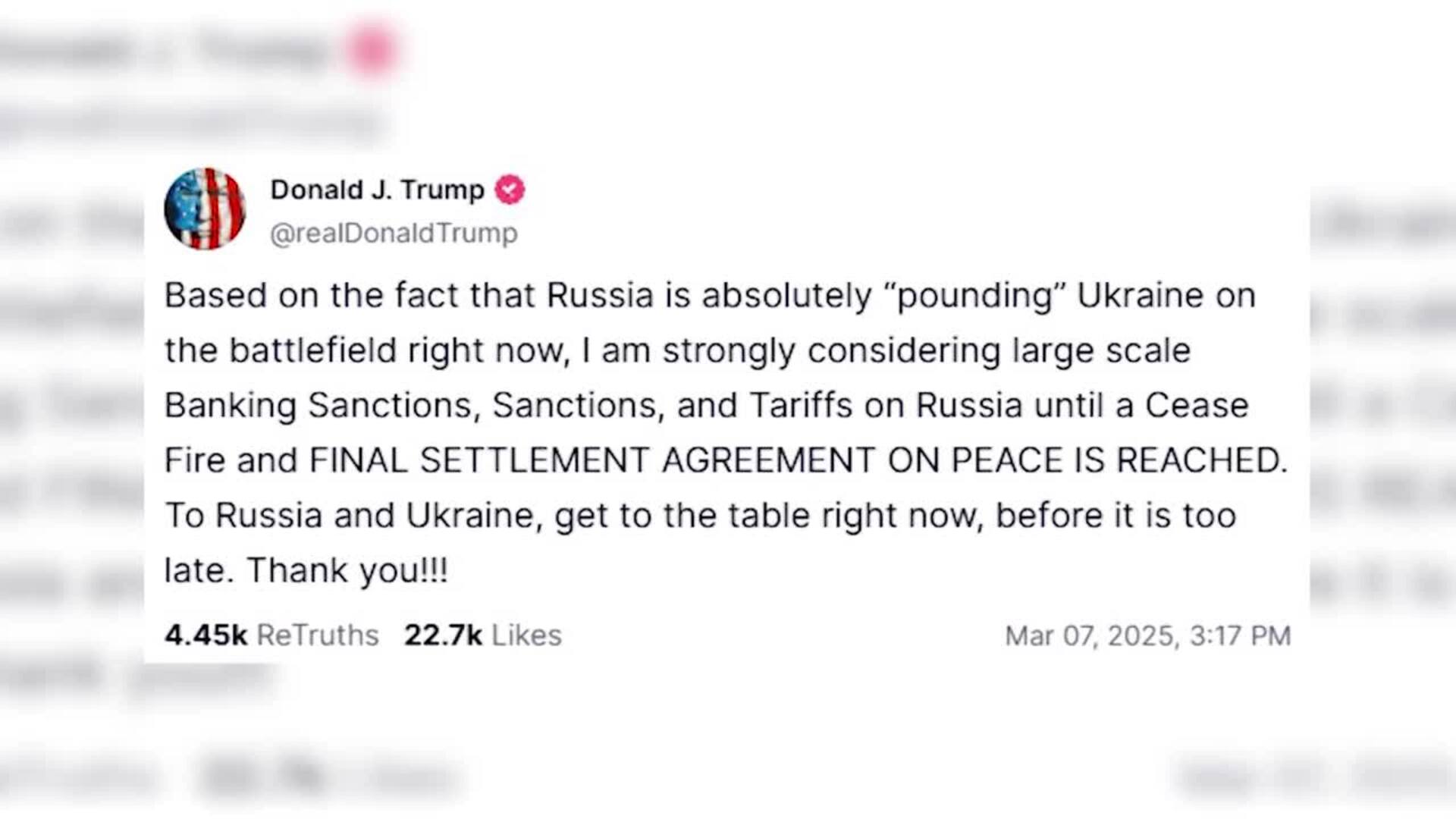 Trump amenaza con declarar sanciones "a gran escala" contra Rusia para forzar la paz definitiva