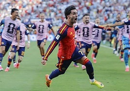 Ferran Torres celebra el gol que le dio la victoria a España frente a Argentina.