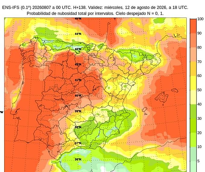 Probabilidad de nubes la tarde del eclipse del 12 de agosto.