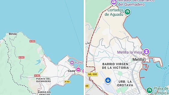 Google Maps representa a Ceuta y Melilla con líneas discontinuas al considerarlas «fronteras discutidas»