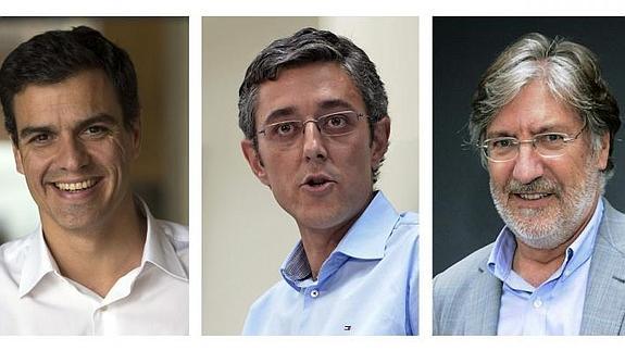 De izq. a dcha., Pedro Sánchez, Eduardo Madina y José Antonio Pérez Tapias.  