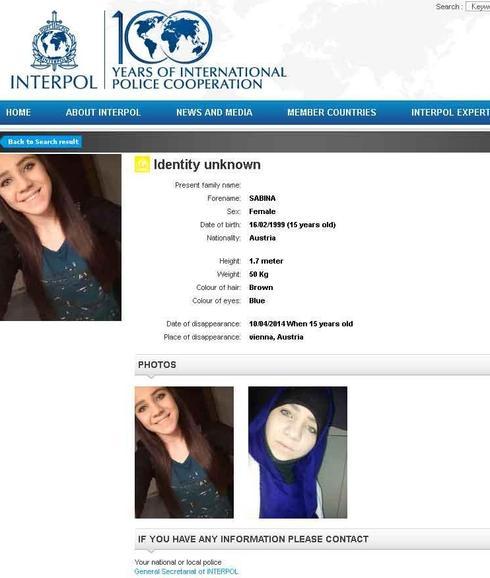 Imagen difundida por Interpol de una de las dos menores.