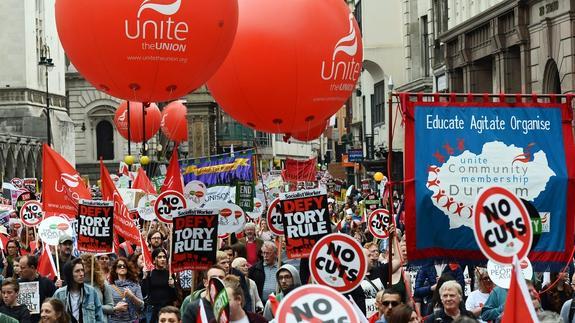 Concentración antiausteridad en Londres.