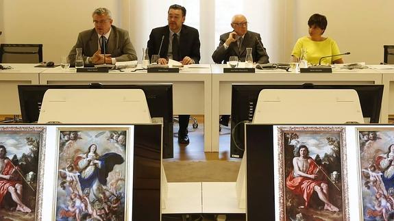 Miguel Falomir, junto a Miguel Zugaza, José Pedro Perez-Llorca y Marina Chinchilla, durante la rueda de prensa de hoy. 