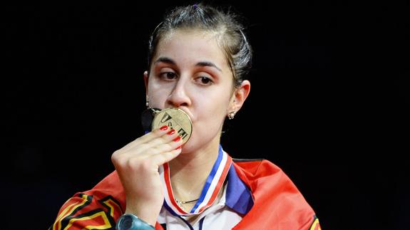 Carolina Marín tras ganar el oro en Río. 