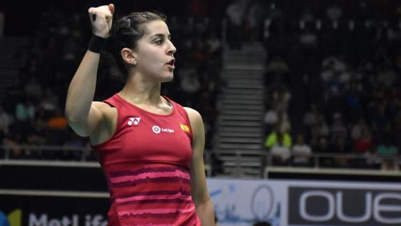 Carolina Marín celebra el pase a la final de Singapur. 