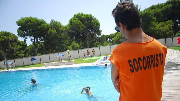 Un joven socorrista vigila atentamente a los bañistas en la piscina de una urbanización de la Comunitat.