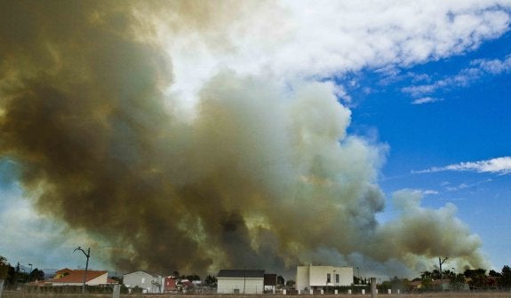 La gigantesca humareda del incendio que se extendió por el Parque natural del Turia y afectó a los términos de Paterna y Ribarroja. :: damián torres