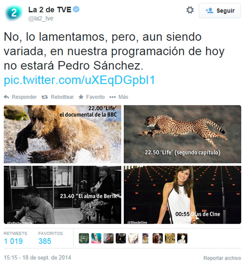 La 2 se mofa de Pedro Sánchez en su Twitter y el líder del PSOE contesta: «Me encanta vuestra programación»