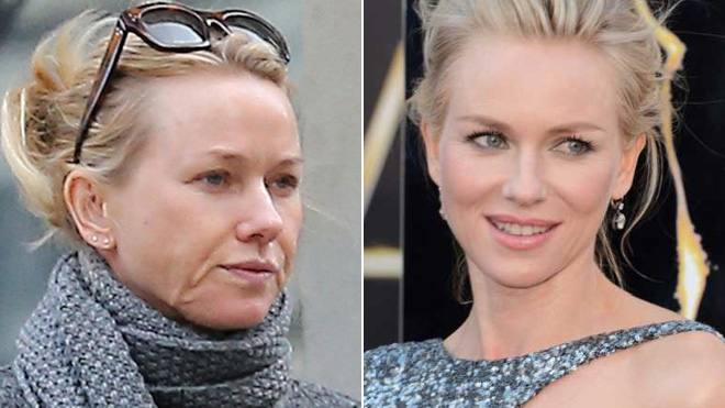 Naomi Watts sin maquillaje (izquierda) y con maquillaje (derecha).