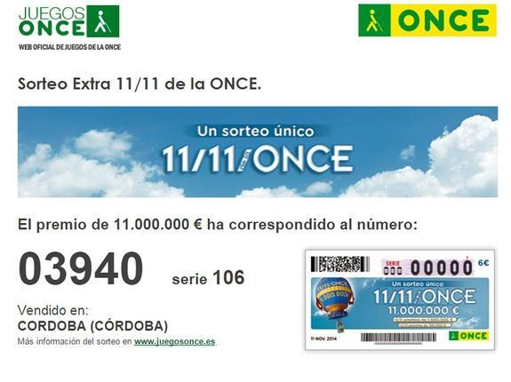 Sorteo 11 del 11 de la ONCE. Números premiados