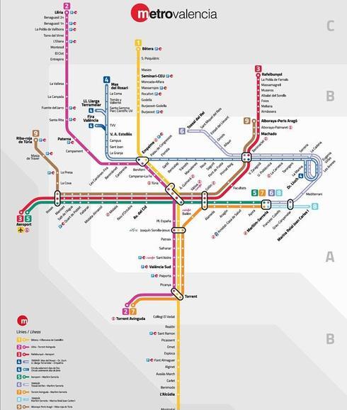 Redistribución de las líneas de Metrovalencia: pasan de 5 a 9 en 2015.