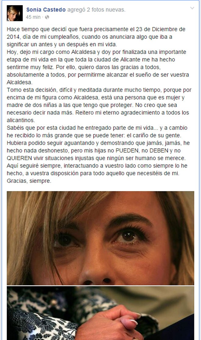 Captura de la página de Facebook de Castedo en la que anuncia su dimisión..