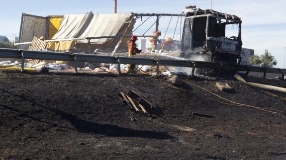 Los bomberos trabajan en la extinción del fuego, ayer, junto al camión siniestrado en la Pista de Silla. :: damián torres