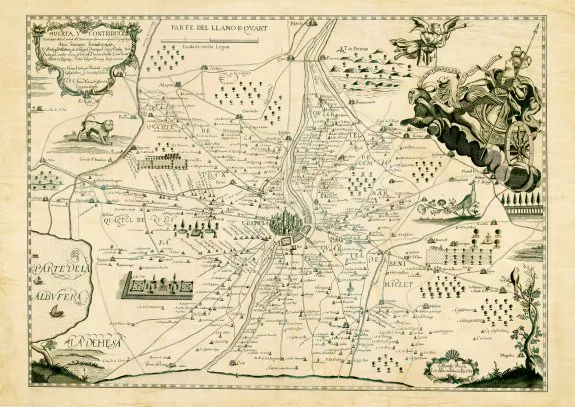 Sobre estas líneas, mapa de la huerta y contribución de la ciudad de Valencia (1695).Abajo, panel cerámico del siglo XVIII, donde se sirve chocolate y turrones. :: fondo huguet